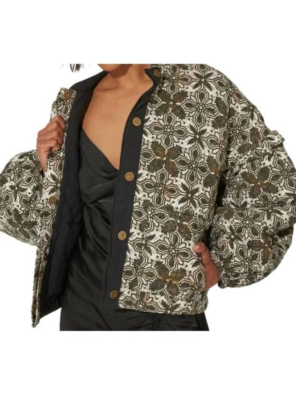 CLEOBELLA Anza Reversible Jacket Womens Medium Black Floral Quilted Organic Boho
